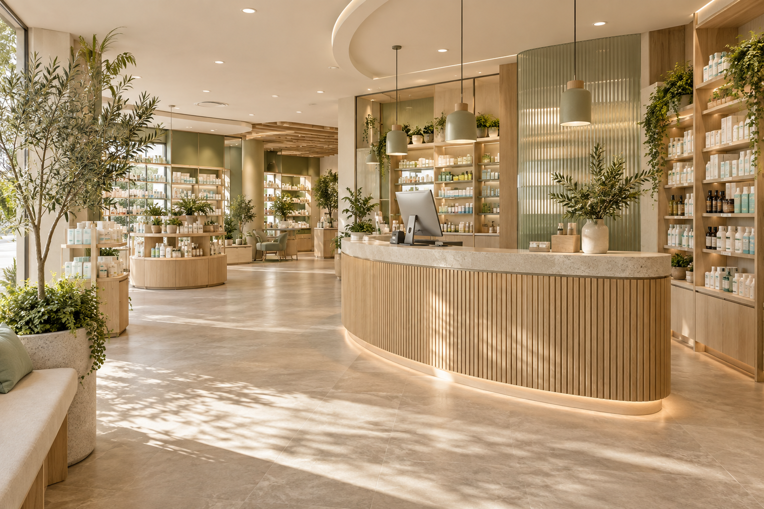 Concepto visual de una farmacia contemporánea con mostrador curvo y detalles botánicos