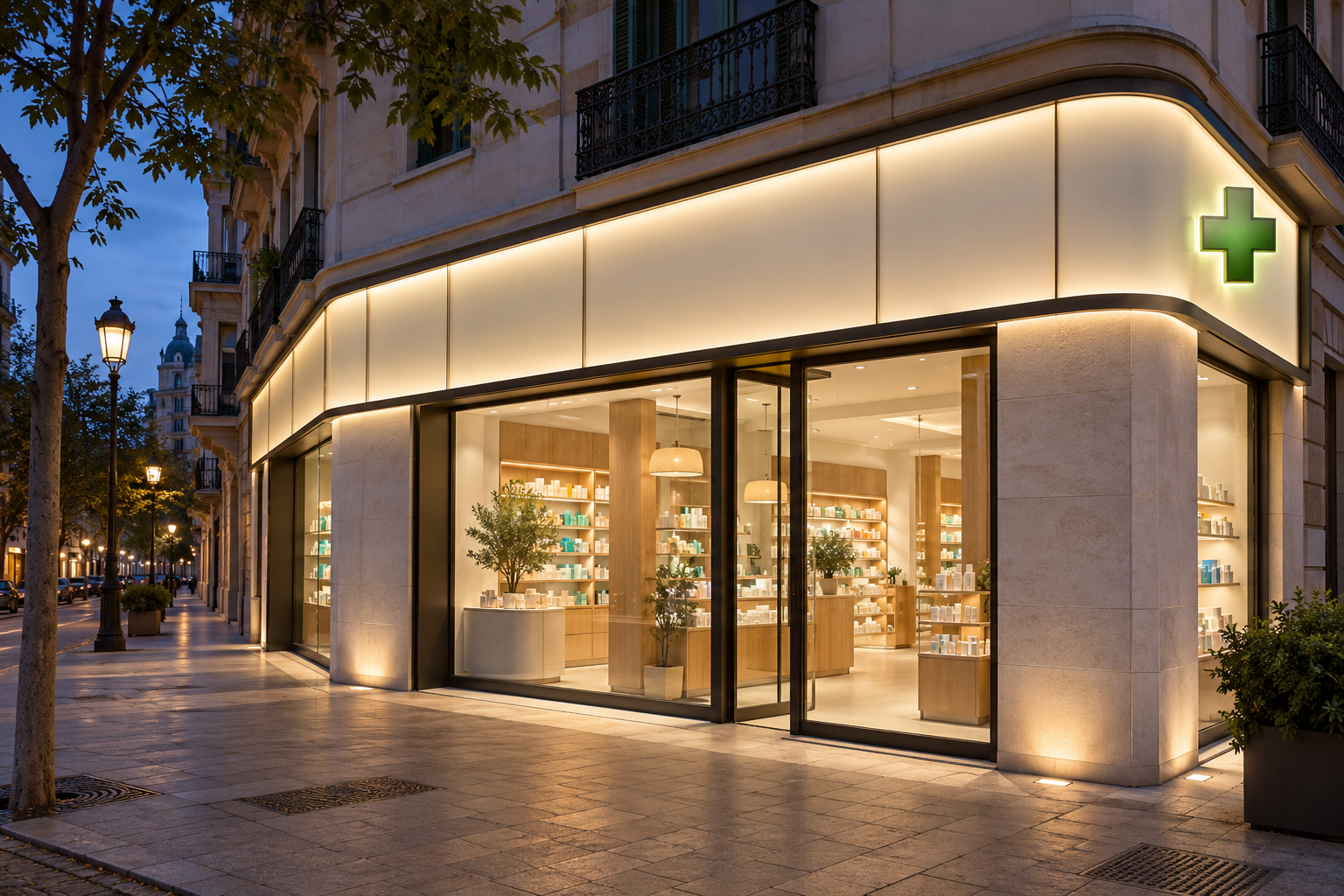Concepto visual de la fachada conceptual de una farmacia renovada con paneles acrílicos y luz cálida