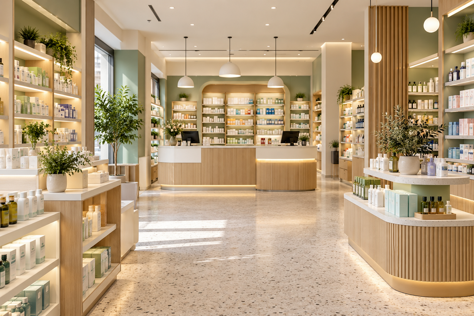 Concepto visual de una farmacia de tonos naturales, madera clara y luz cálida