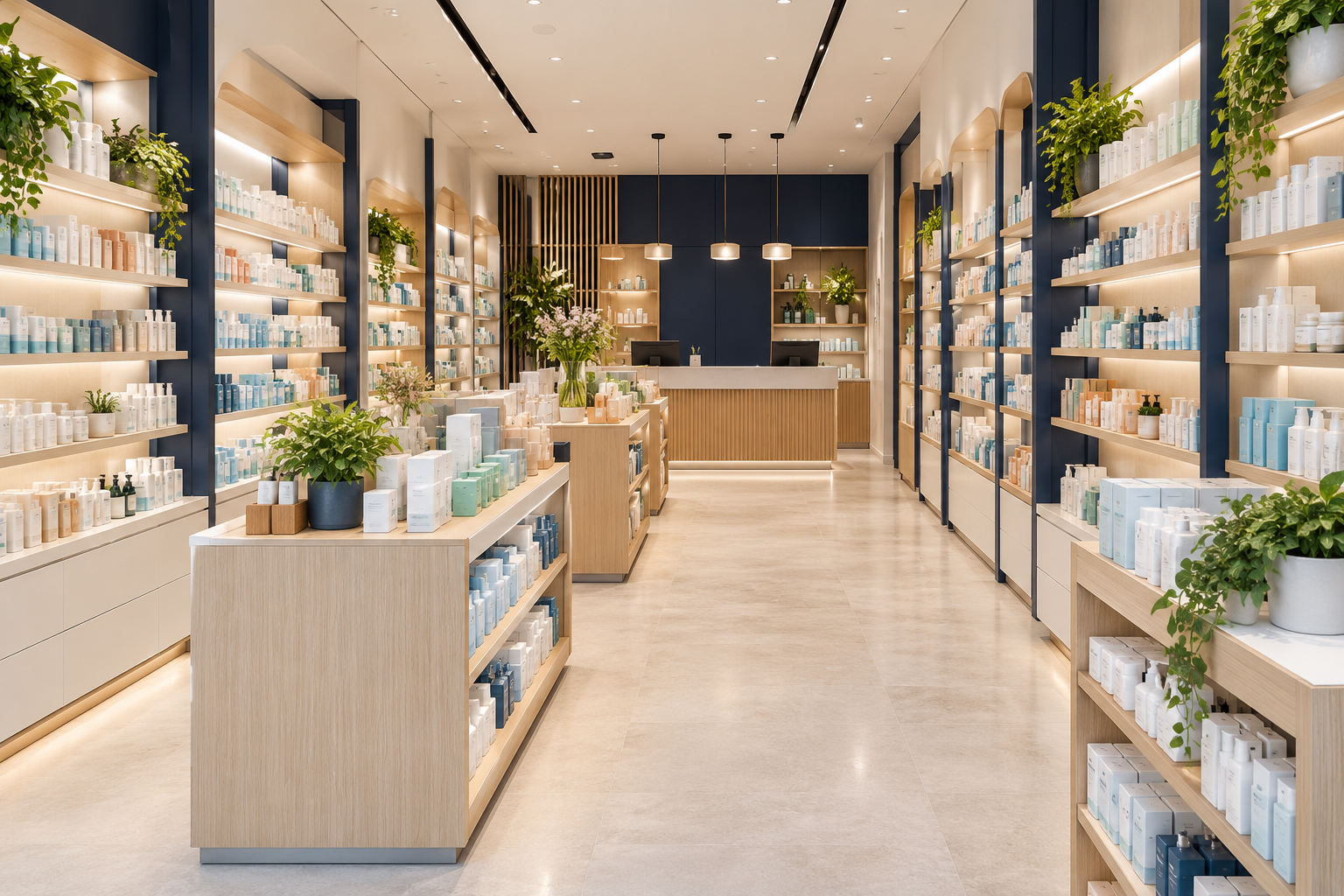 Concepto visual de una farmacia urbana con recorrido central despejado y estanterías azules